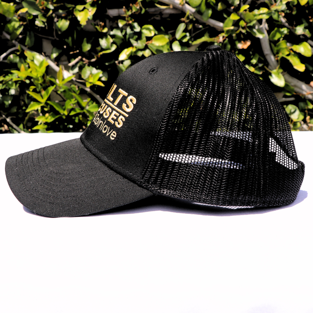 Black Hat Gold Writing Black Mesh